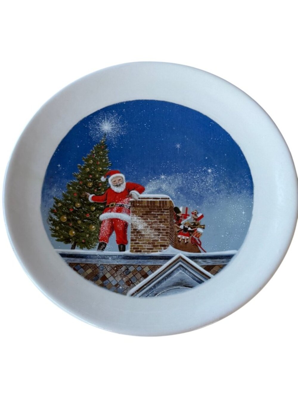 Collectible Santa on Chimney Decorative Christmas Ceramic Plate 10" Diameter